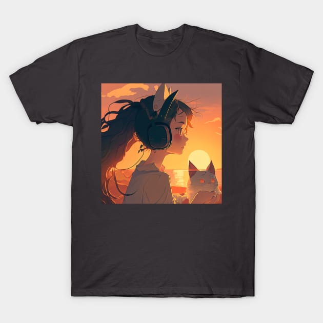 Sunset Serenade - Girl Hugging Cat Print T-Shirt T-Shirt by PopKittyArt